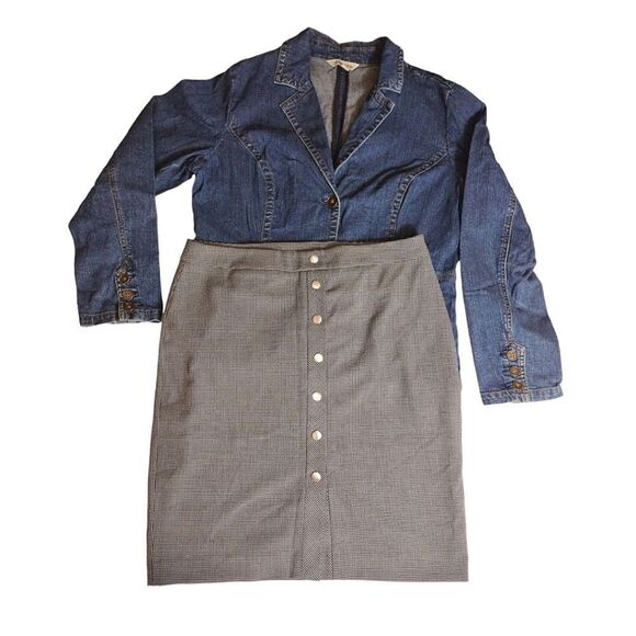 LOFT Grey Black Houndstooth Button Front Lined Straight Skirt Size 12 - Picture 8 of 15